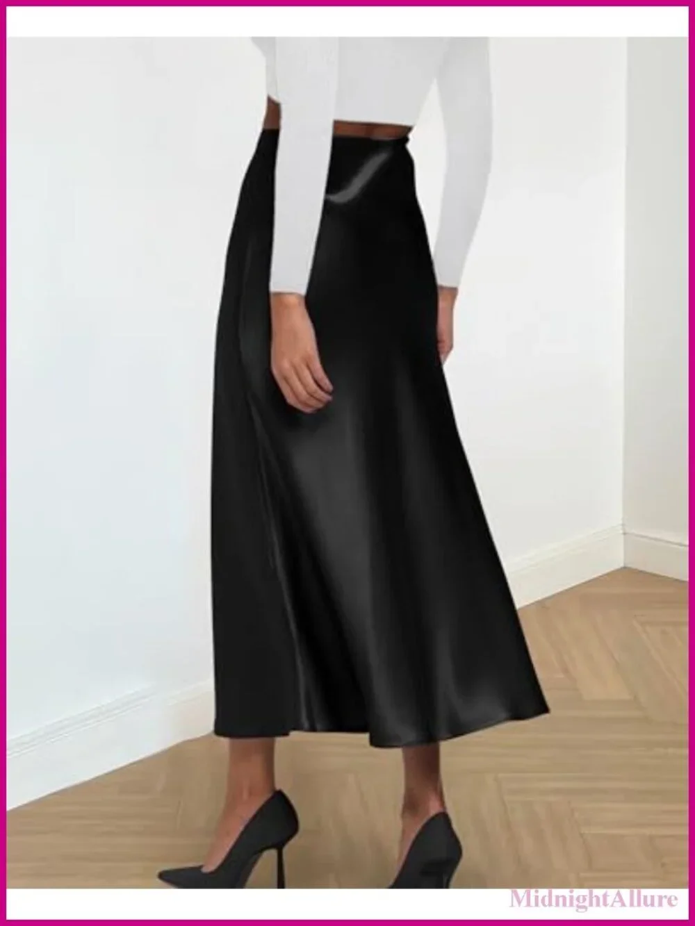 Elegant High Waist Flowy Satin Midi Skirt Cocktail Party A-Line Ruffle Hem